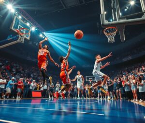 Dynamic Basketball Match Under Bright Arena Lights – free AI stock image