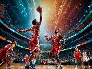 Dynamic Basketball Match Under Bright Lights – free AI stock image