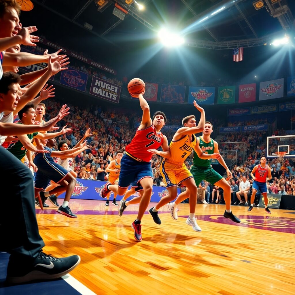 Dynamic Basketball Match Under Stadium Lights – free AI stock image