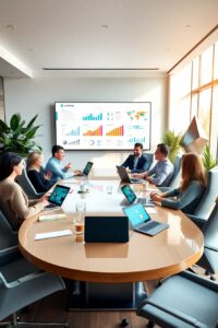 Dynamic Business Meeting in Modern Office – free AI stock image