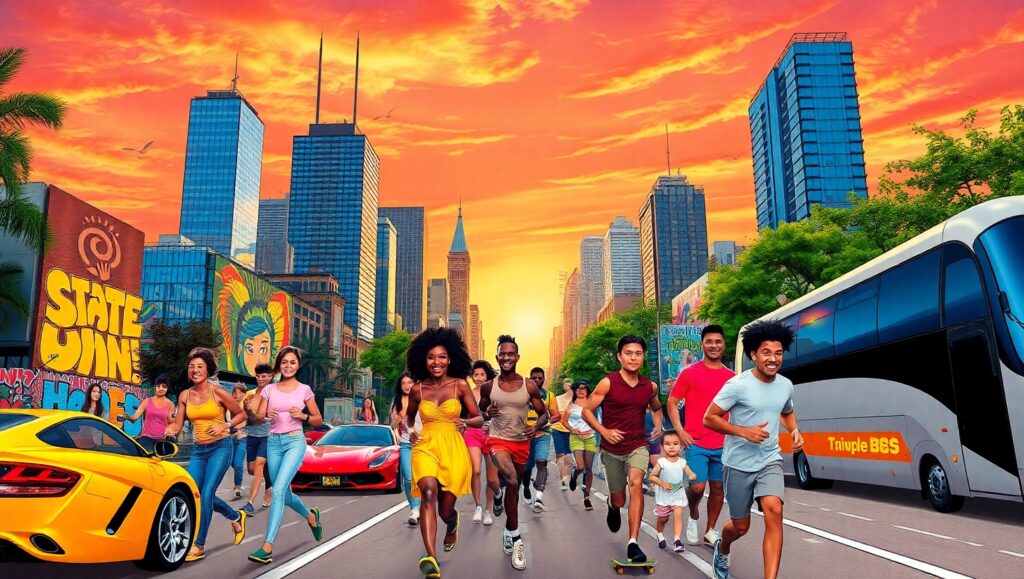 Dynamic City Life at Sunset – free AI stock image