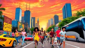 Dynamic City Life at Sunset – free AI stock image