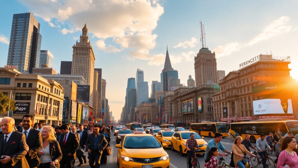 Dynamic City Life at Sunset L3x – free AI stock image