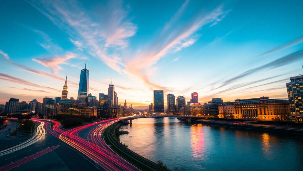 Dynamic City Lights at Dusk – free AI stock image