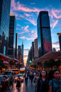 Dynamic Cityscape Under Twilight Skies – free AI stock image