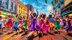Dynamic Dance in Urban Landscape – free AI stock image