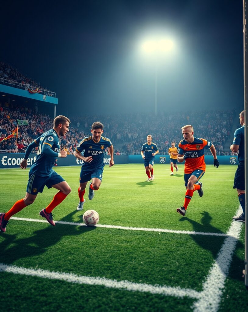 Dynamic Football Game Under Bright Stadium Lights – free AI stock image