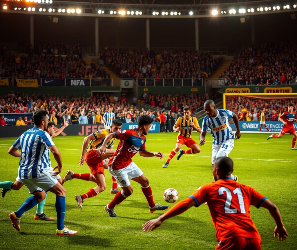 Dynamic Football Match Under Bright Lights – free AI stock image