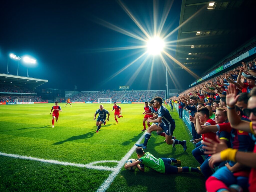 Dynamic Football Match Under Bright Lights – free AI stock image