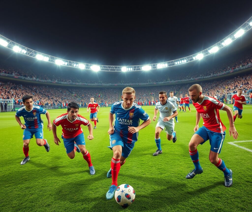 Dynamic Football Match Under Bright Stadium Lights – free AI stock image