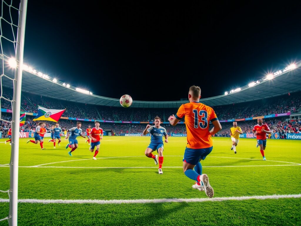 Dynamic Football Match Under Bright Stadium Lights – free AI stock image