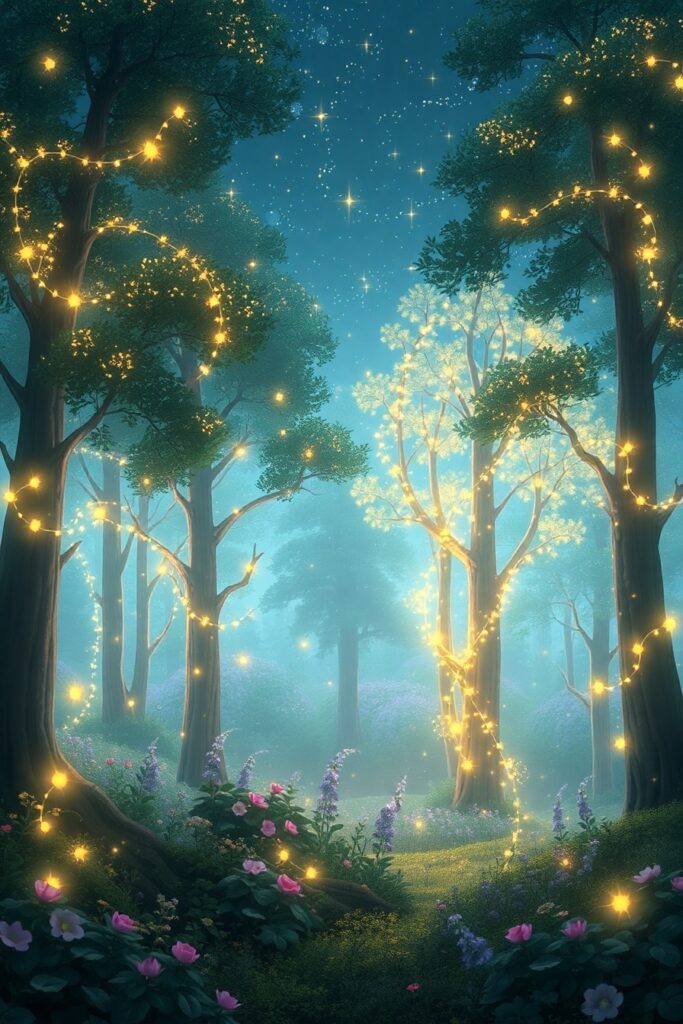 Dynamic Forest with Dancing Lights – free AI stock image