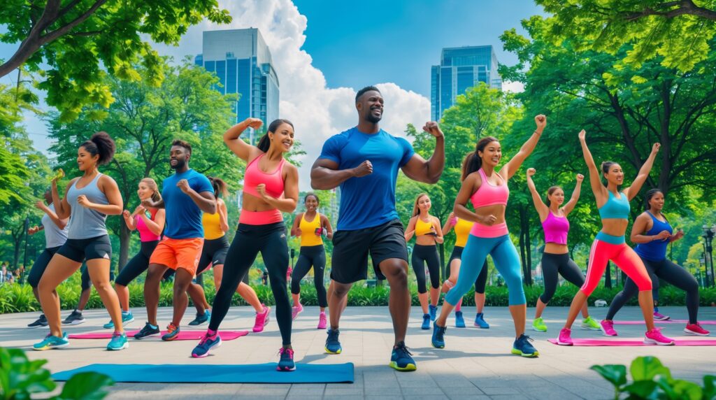 Dynamic Group Workout in Urban Park – free AI stock image