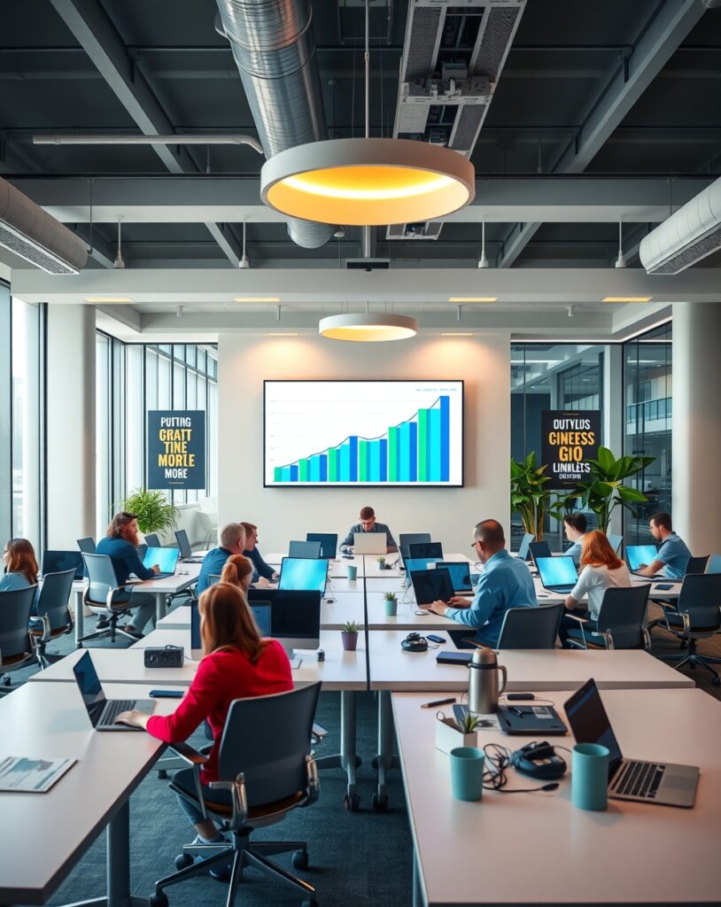 Dynamic Office Environment with Financial Growth Chart – free AI stock image