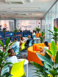 Dynamic Office Environment with Technology and Collaboration – free AI stock image