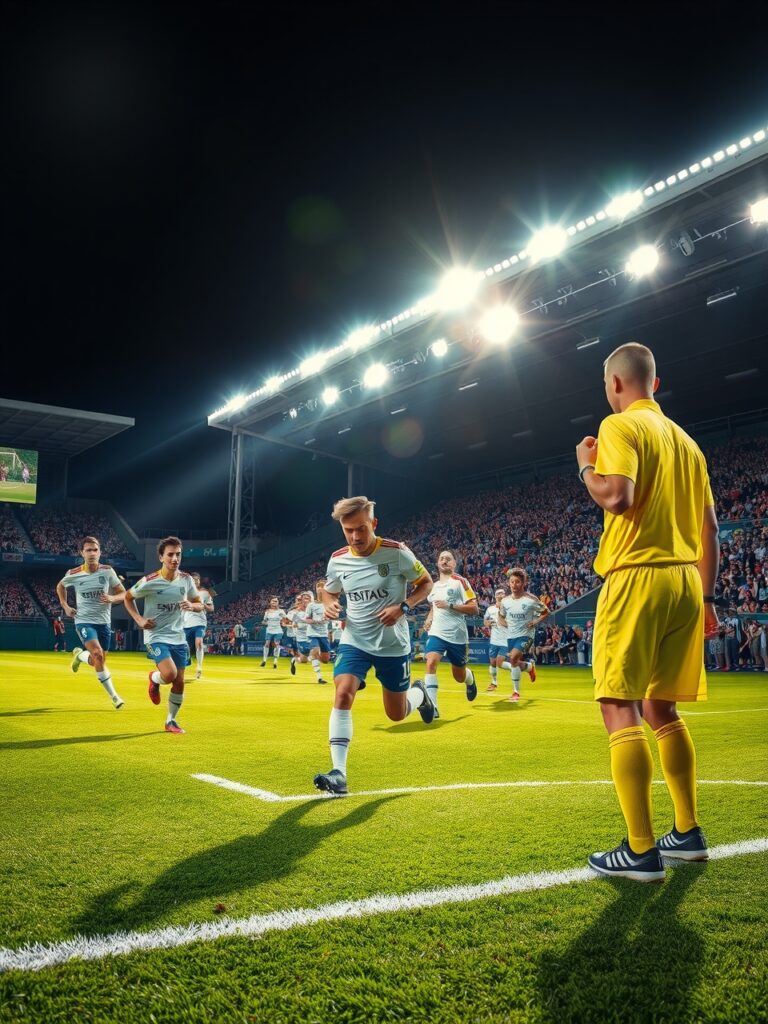 Dynamic Soccer Game Under Bright Stadium Lights – free AI stock image