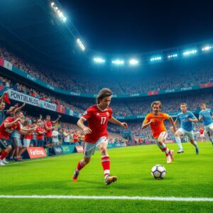Dynamic Soccer Game Under Bright Stadium Lights – free AI stock image