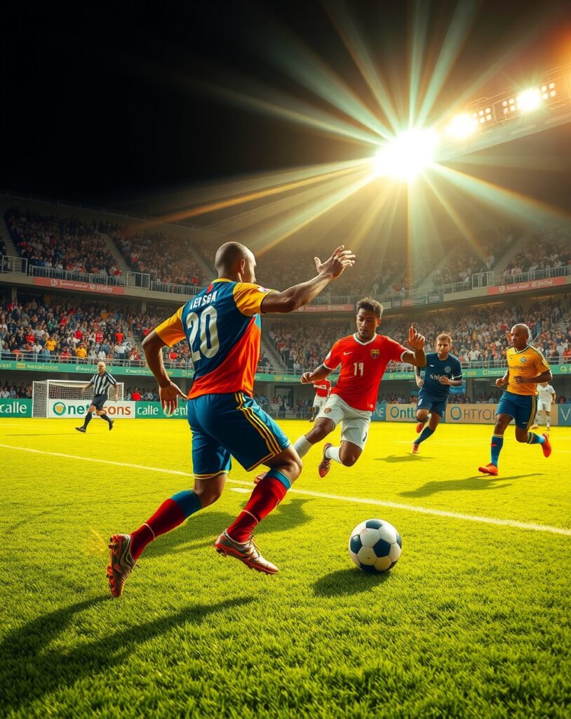 Dynamic Soccer Game Under Bright Stadium Lights – free AI stock image