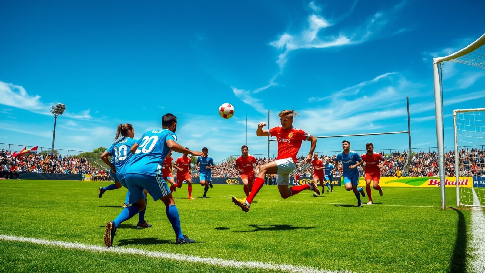 dynamic soccer match under a bright blue sky