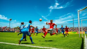 Dynamic Soccer Match Under a Bright Blue Sky image – free AI stock image