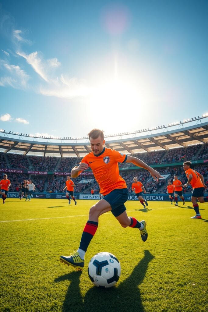 Dynamic Soccer Match Under a Clear Sky – free AI stock image