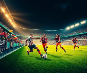 Dynamic Soccer Match Under Bright Floodlights – free AI stock image