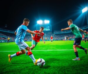 Dynamic Soccer Match Under Bright Floodlights – free AI stock image