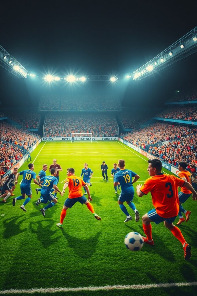 Dynamic Soccer Match Under Bright Lights – free AI stock image