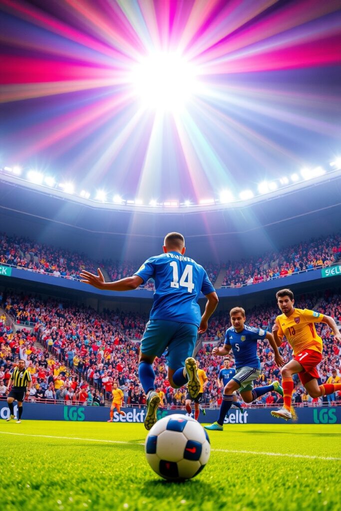 Dynamic Soccer Match Under Bright Lights – free AI stock image