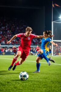 Dynamic Soccer Match Under Bright Stadium Lights – free AI stock image