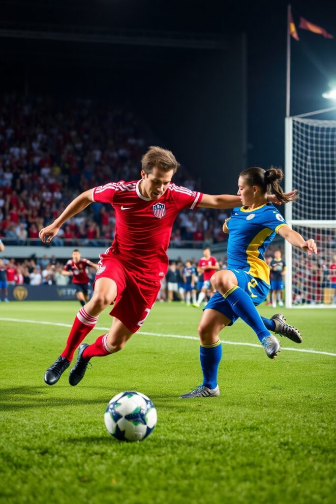 Dynamic Soccer Match Under Bright Stadium Lights – free AI stock image