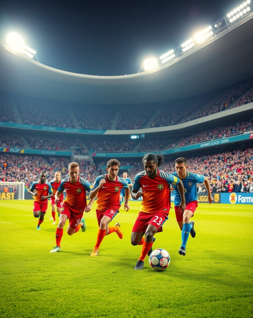 Dynamic Soccer Match Under Bright Stadium Lights – free AI stock image