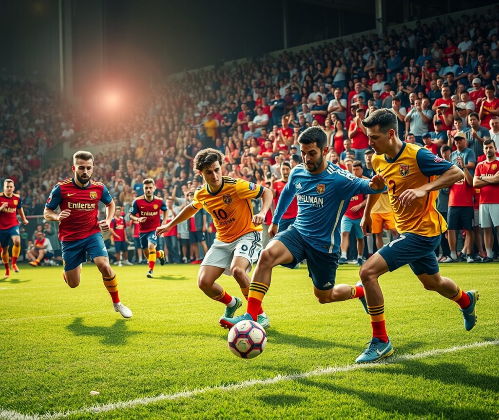 Dynamic Soccer Match Under Bright Stadium Lights – free AI stock image