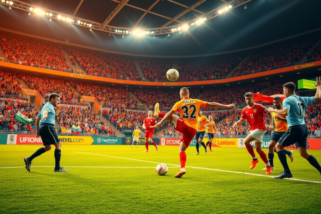 Dynamic Soccer Match Under Bright Stadium Lights – free AI stock image