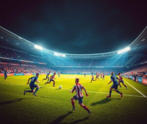 Dynamic Soccer Match Under Bright Stadium Lights – free AI stock image