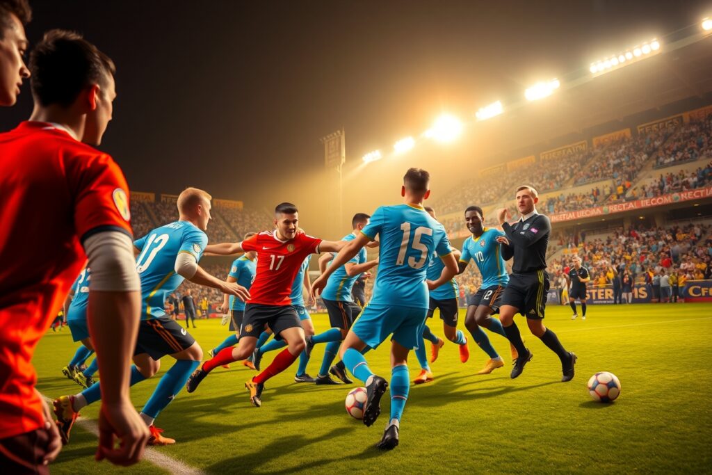 Dynamic Soccer Match Under Bright Stadium Lights – free AI stock image