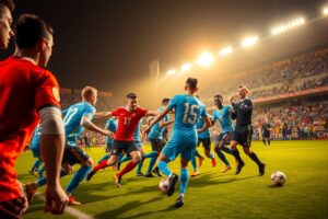 Dynamic Soccer Match Under Bright Stadium Lights – free AI stock image