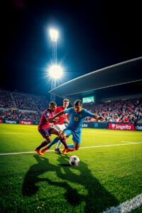 Dynamic Soccer Match Under Bright Stadium Lights – free AI stock image