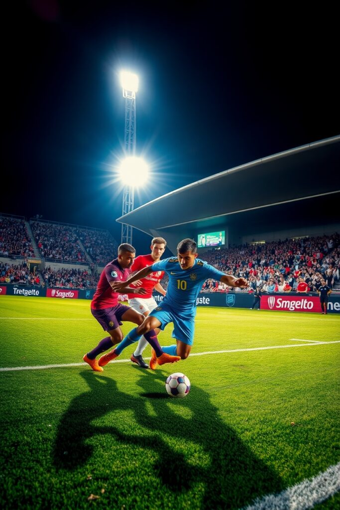 Dynamic Soccer Match Under Bright Stadium Lights – free AI stock image