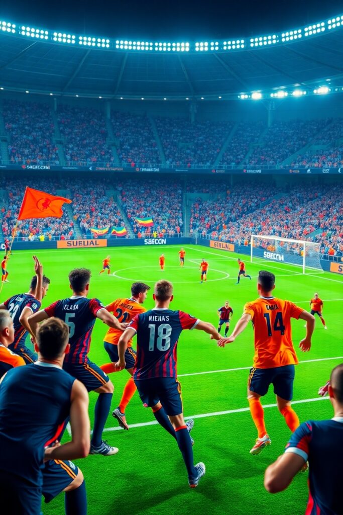 Dynamic Soccer Match Under Bright Stadium Lights – free AI stock image