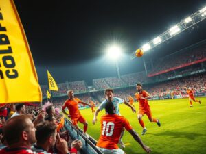 Dynamic Soccer Match Under Bright Stadium Lights – free AI stock image