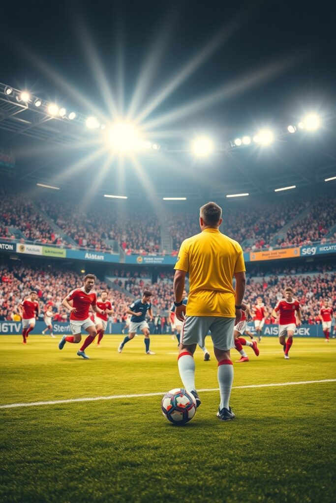 Dynamic Soccer Match Under Bright Stadium Lights – free AI stock image