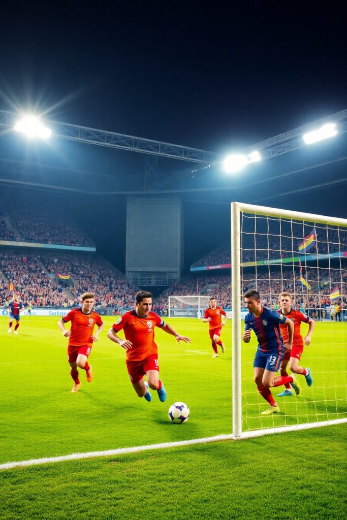 Dynamic Soccer Match Under Bright Stadium Lights – free AI stock image