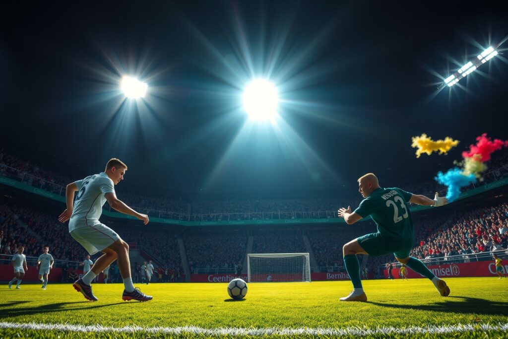 Dynamic Soccer Match Under Bright Stadium Lights – free AI stock image