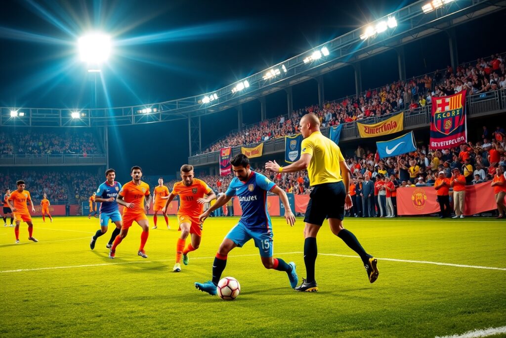Dynamic Soccer Match Under Bright Stadium Lights – free AI stock image