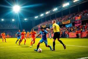 Dynamic Soccer Match Under Bright Stadium Lights – free AI stock image