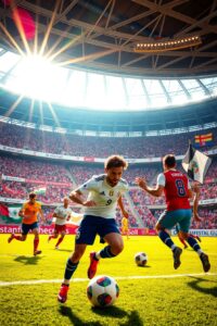 Dynamic Soccer Match Under Bright Stadium Lights – free AI stock image