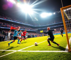 Dynamic Soccer Match Under Bright Stadium Lights – free AI stock image