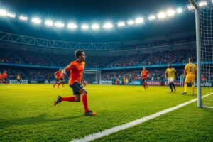 Dynamic Soccer Match Under Bright Stadium Lights – free AI stock image