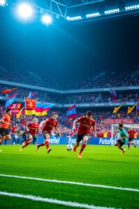 Dynamic Soccer Match Under Bright Stadium Lights – free AI stock image